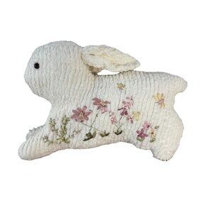 🆕 Vintage inspired Cream Bunny Plush Pillow Chenille w/Pink Floral Embroidery
